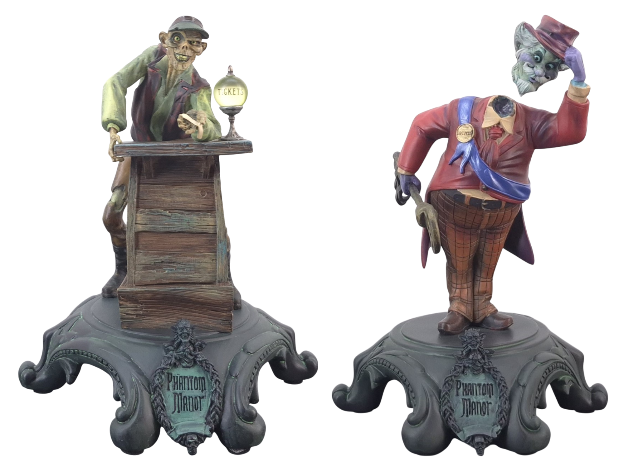 Exra the Ticket Master and the Mayor of Phantom Manor statues by Kevin and Jody