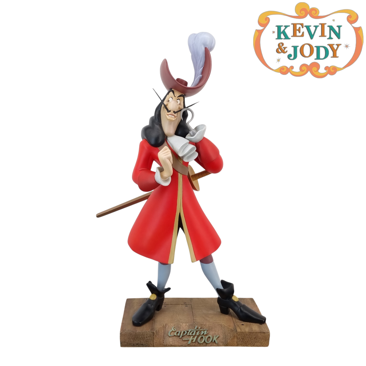 Kevin and Jody Captain Hook Big Fig Peter Pan 50th Anniversary - Kevin and Jody Captain Hook Big Fig statue with red coat, plumed hat, and sword, mounted on a wooden display base inscribed with Captain Hook.