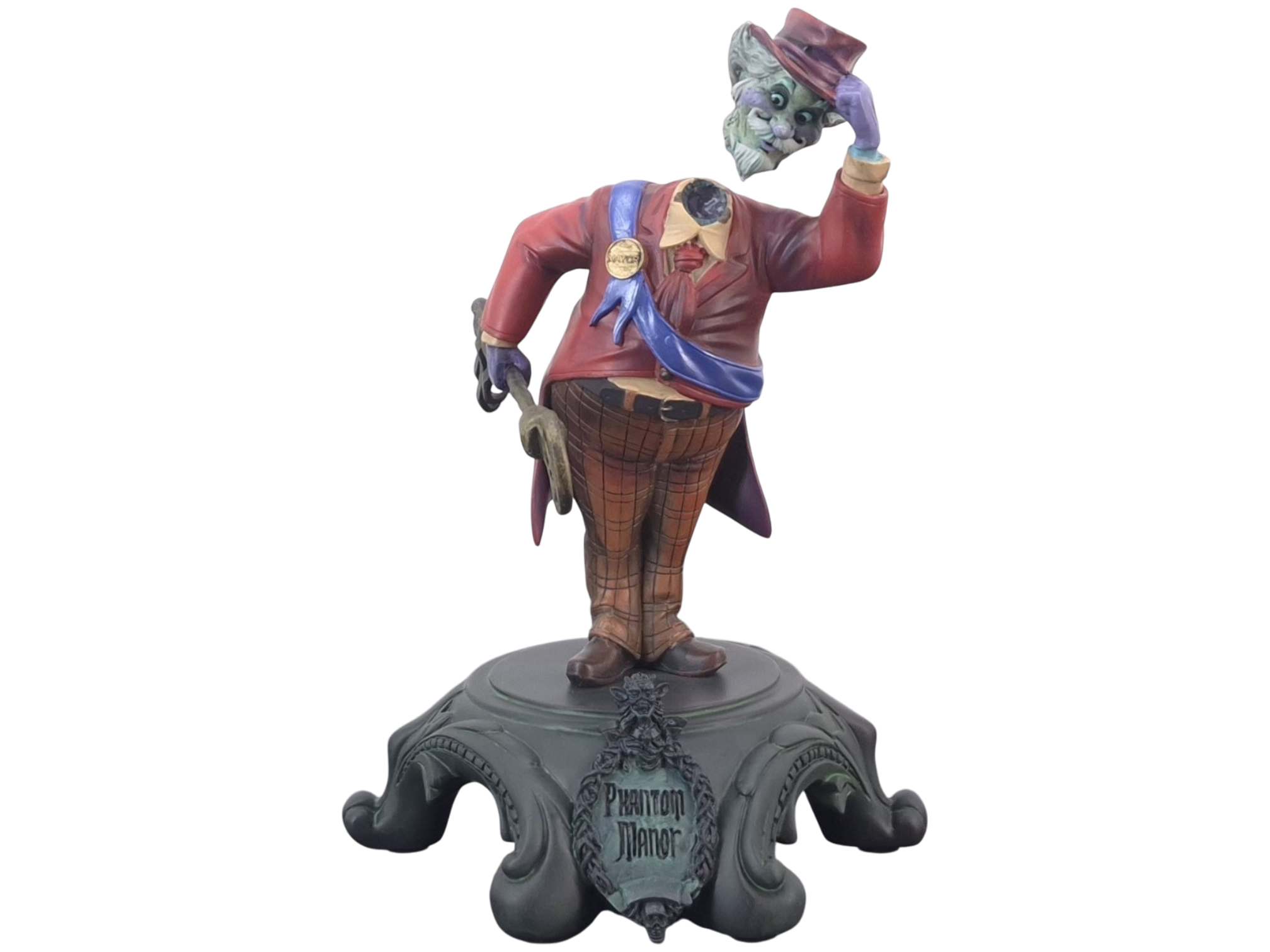 Kevin and Jody Mayor from Phantom Manor statue showing the character holding his hat on a detailed display base.