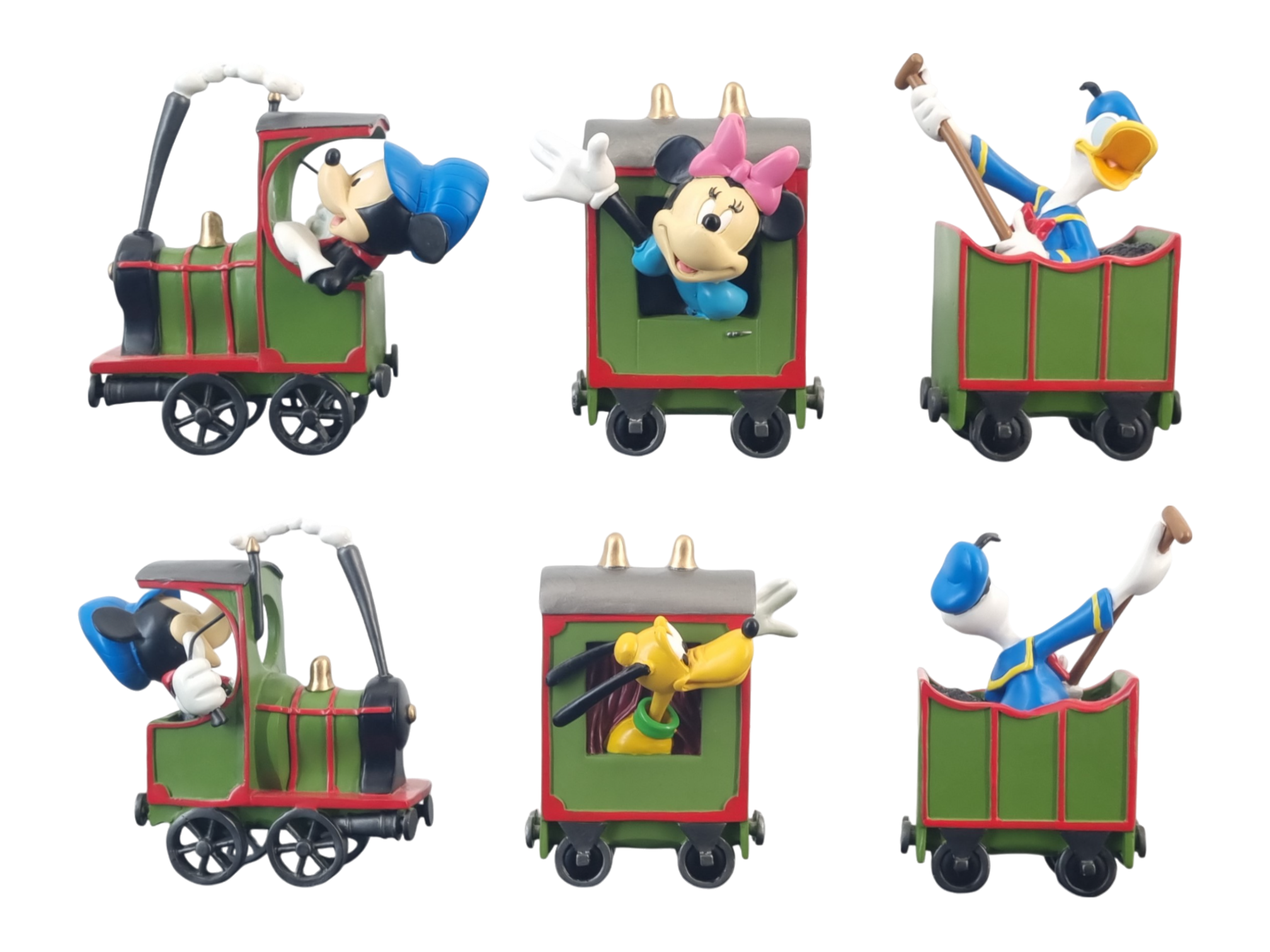 Mickey Mouse train conductor figurine. With Donald Duck scooping coal and Minnie Mouse and Pluto in train coupe figurines. Complete set. Mickey Mouse Minnie Mouse Donald Duck and Pluto in the Train - Complete set