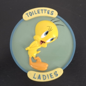 Vintage Tweety Bird ladies bathroom door plaque with Toilettes and Ladies text