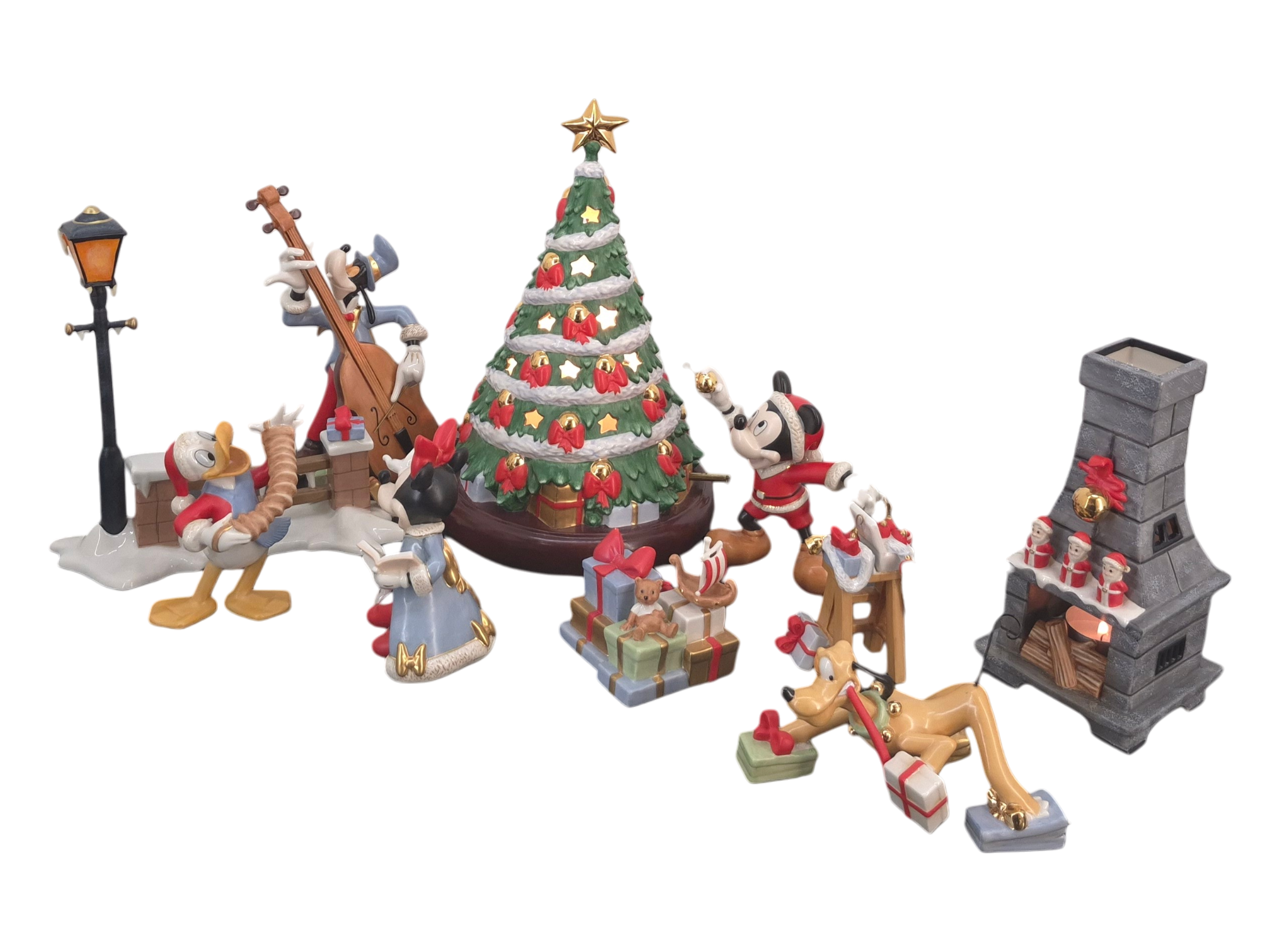 Full set of Mickey’s Christmas Eve (Musses Julafton) by Stefan Lindahl for Fyrklövern, featuring Mickey, Minnie, Donald, Goofy, Pluto, Chip, Dale, tree, fireplace and accessories